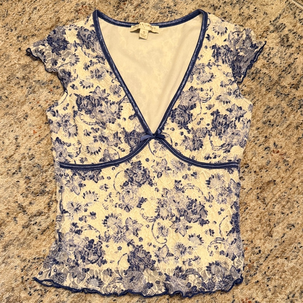 Princess Polly Blue and Cream Floral Blouse
